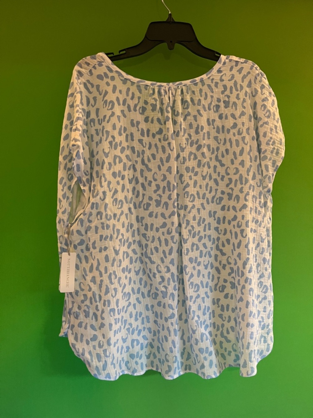 NOTTIBIANCHE Light Blue Leopard-Print Short Sleeve Cotton Blouse Size XL - Picture 3 of 4